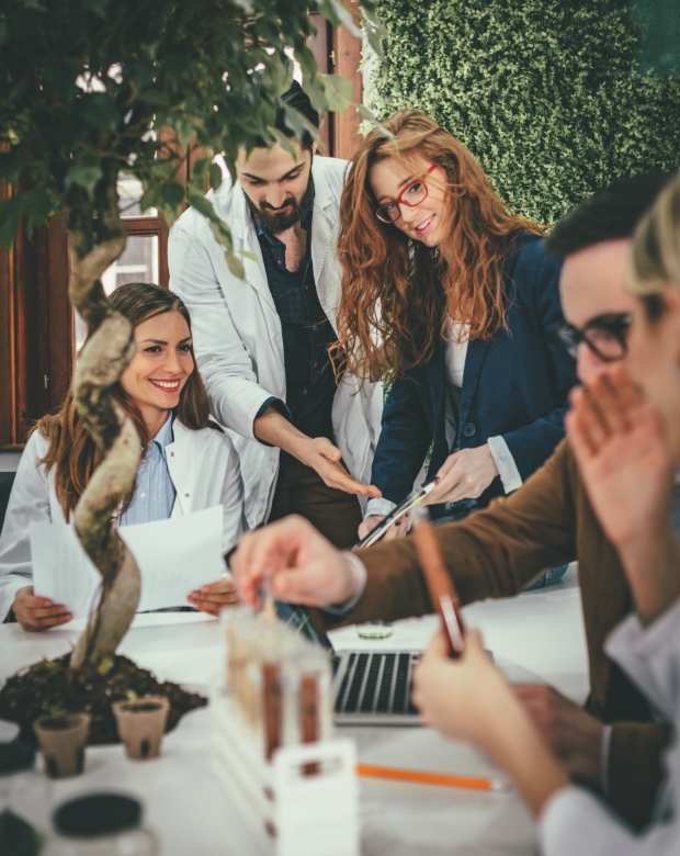 Colleagues sharing insights during a business meeting, highlighting Georgian professional language support
