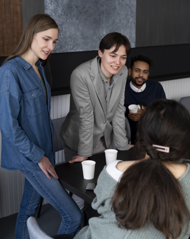 Professional colleagues reviewing digital reports, symbolizing Turkish language and business services