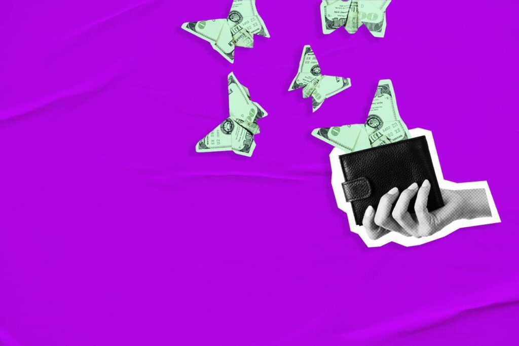 Dollar bill butterflies flying out of a wallet, representing value-seeking consumer behavior and retail spending trends