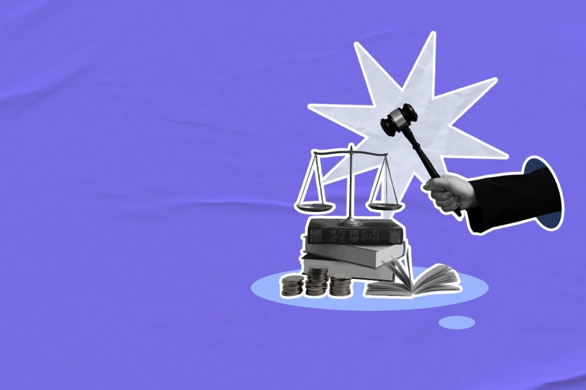 A judge's gavel with an AI microchip graphic overlaid, surrounded by legal and technology icons, representing AI in the legal industry