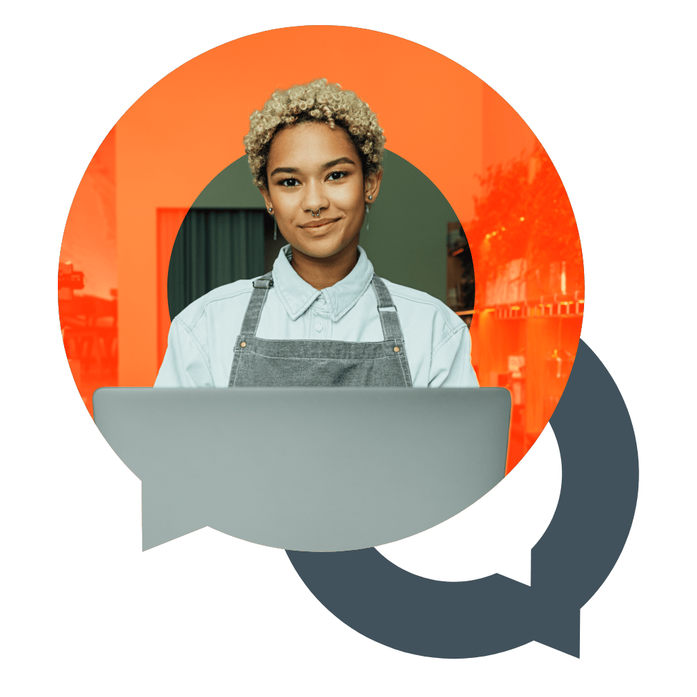 A young food service professional in an apron smiling at a laptop with Global Lingo branded speech bubble graphics in orange and grey