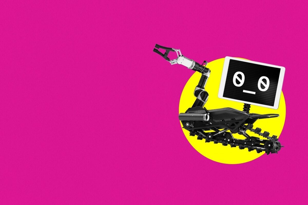 Manufacturing industry trends 2026 illustrated by an AI robot on a pink background