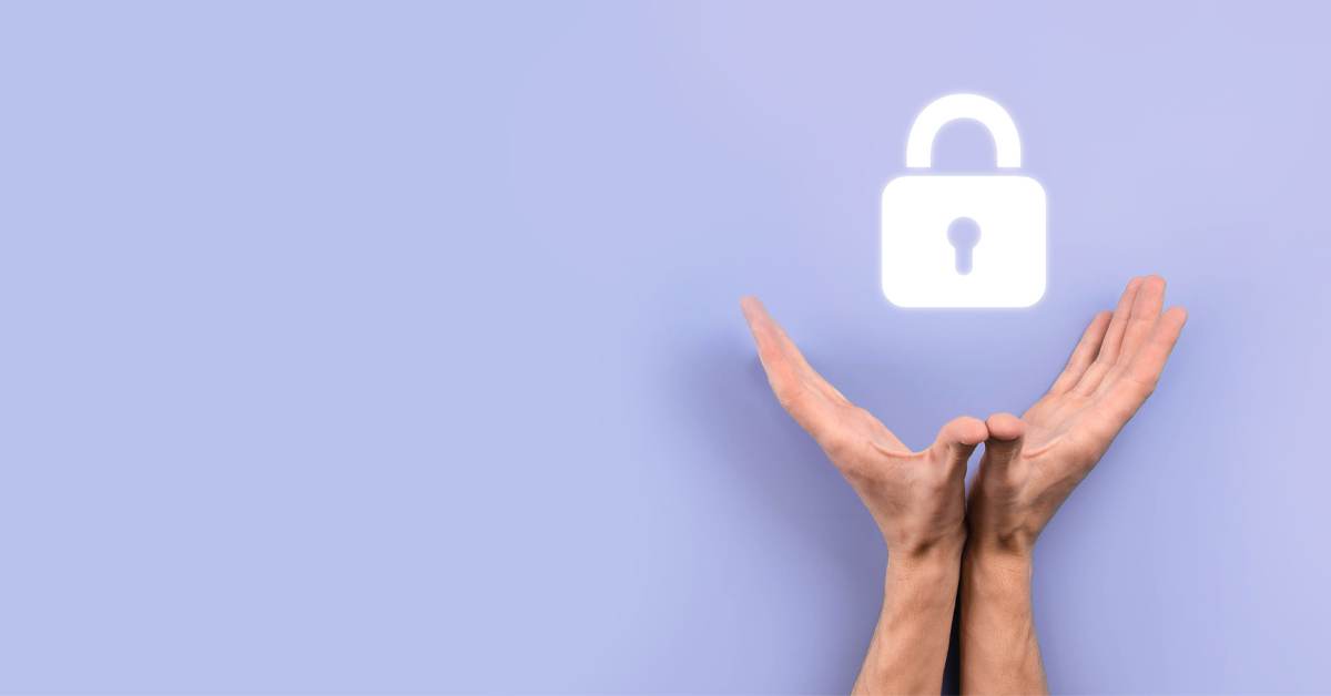 wo hands holding up a glowing padlock icon against a purple background, representing data privacy and consumer trust in market research