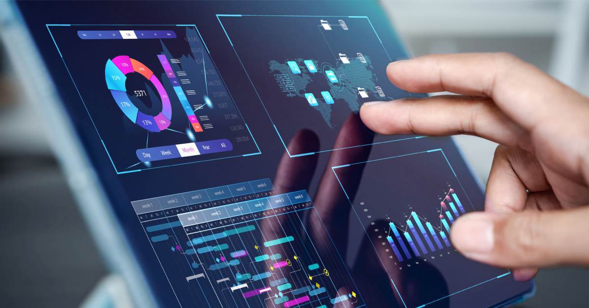 Hand interacting with a futuristic digital dashboard showing charts and global data, representing advanced analytics and qualitative research trends