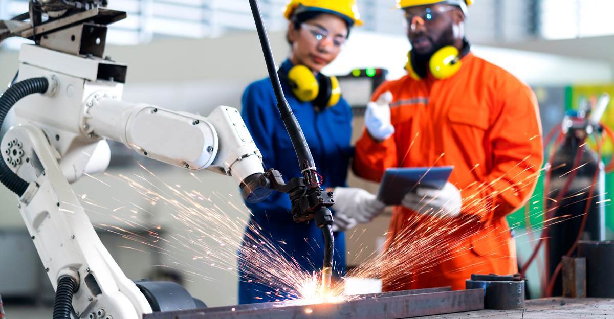 Manufacturing workers operating automated robotic welding equipment on a production line