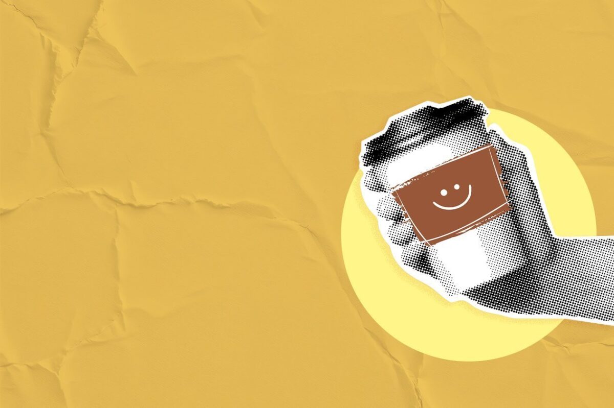 Illustrated hand holding a smiling package on a yellow background, representing food and beverage packaging design for global markets