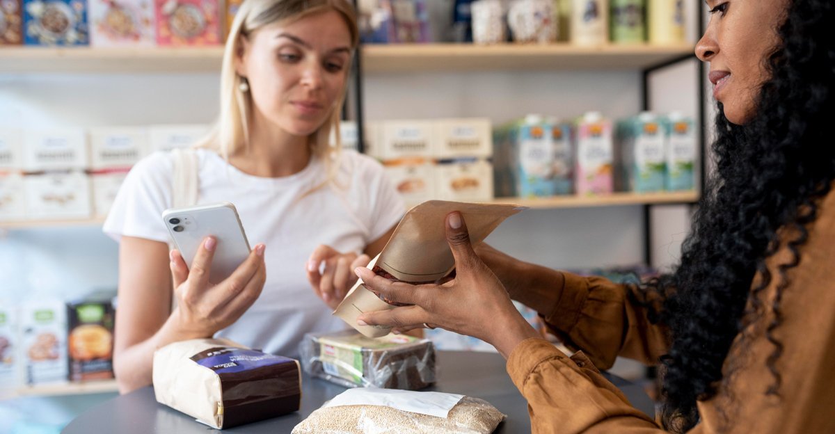 Two women in a food store examining product packaging, illustrating how localized food and beverage packaging design builds consumer trust at the point of sale