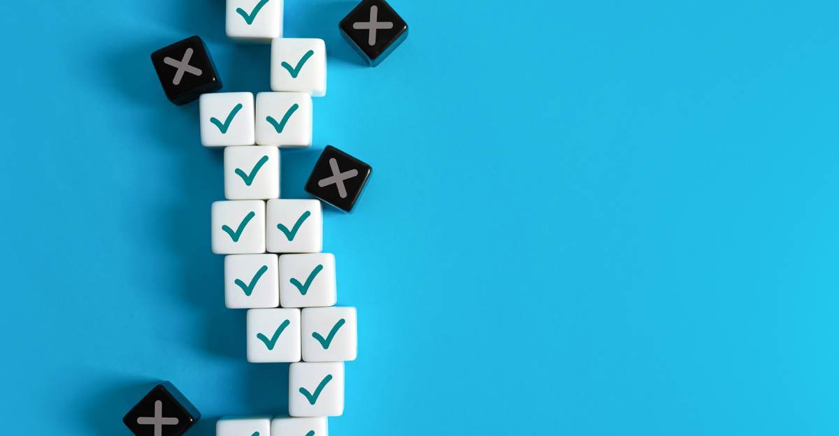 Stacked dice with checkmarks and X marks, symbolizing common bias traps in multi-market surveys