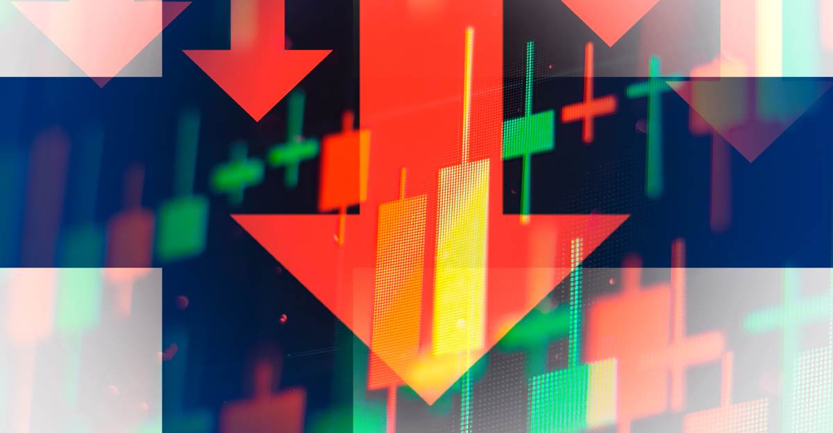 Red arrows pointing downward over a stock market style chart of candlesticks, representing a decline or downward trend