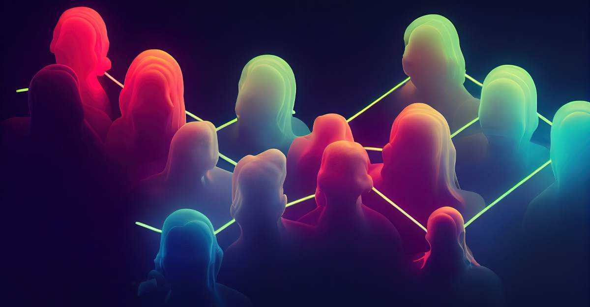 Abstract glowing silhouettes of people connected by lines, representing a network of research participants