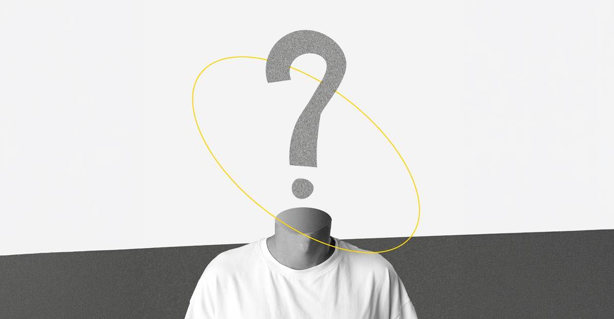 A person with a large question mark in place of their head, standing against a plain background