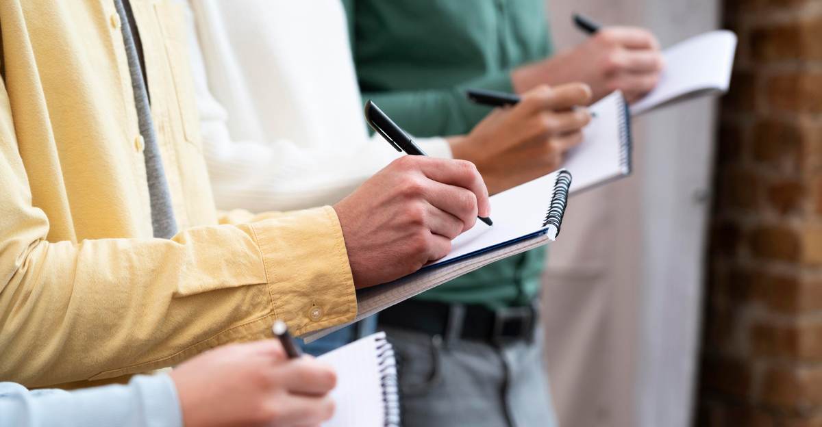 A row of people taking notes by hand during a session